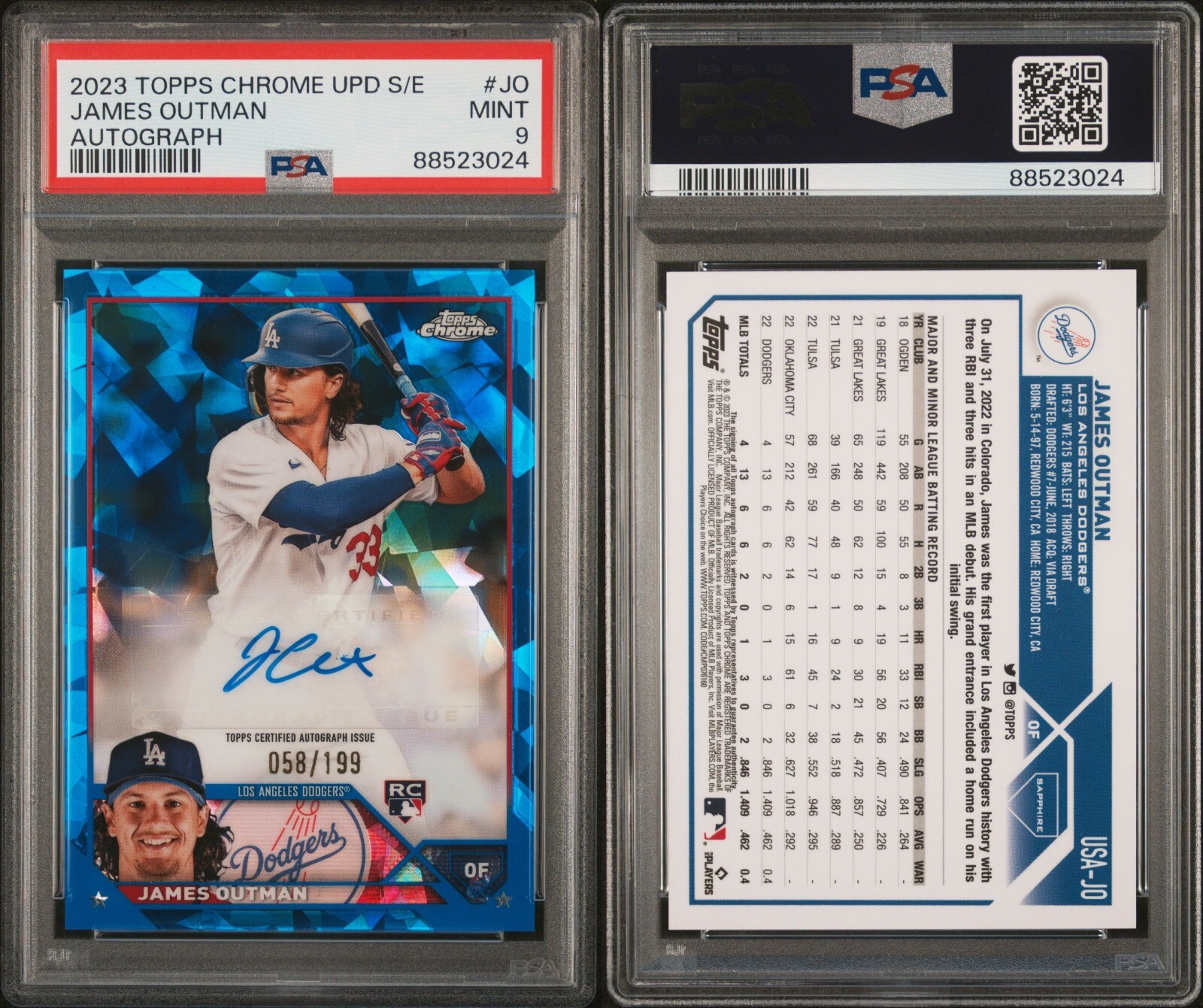 PSA 9 2023 Topps Chrome Update Sapphire Autograph James Outman RC /199 POP16