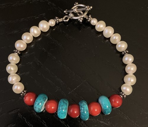 Vtg Sterling 925 Silver Handmade Freshwater Pearl Blue/Red BeadsBracelet Toggle - Picture 2 of 6