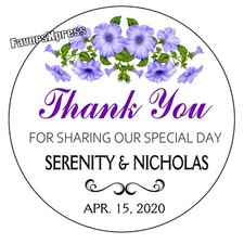 PURPLE FLOWERS PETUNIAS WEDDING FAVORS STICKERS THANK YOU LABELS BRIDAL SHOWER