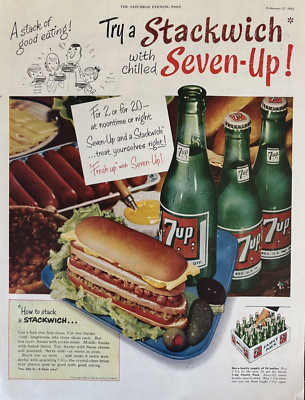 1954 7-Up Soda Drink Stackwich Chilled Bottles Fresh Up Good Eating VTG Print Ad