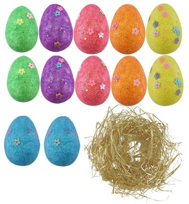12 Ostereier & Strohgras Nest Haube Deko Jagd Spiele UGB1