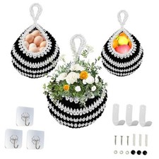 Boho Wall Hanging Fruit Basket for Kitchen - Handcrafted Black and White-01