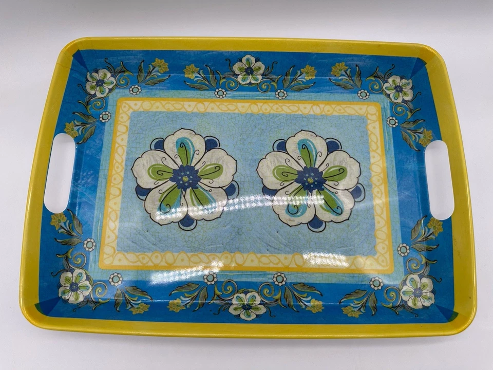 "Bandeja para servir vintage azul melamina y amarillo floral asas 18""" Foto 2 de 4