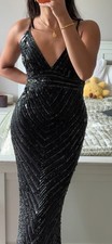 Aftershock Vintage Black Beaded Sequin Maxi Dress Prom Evening Gown Size 10 VGC