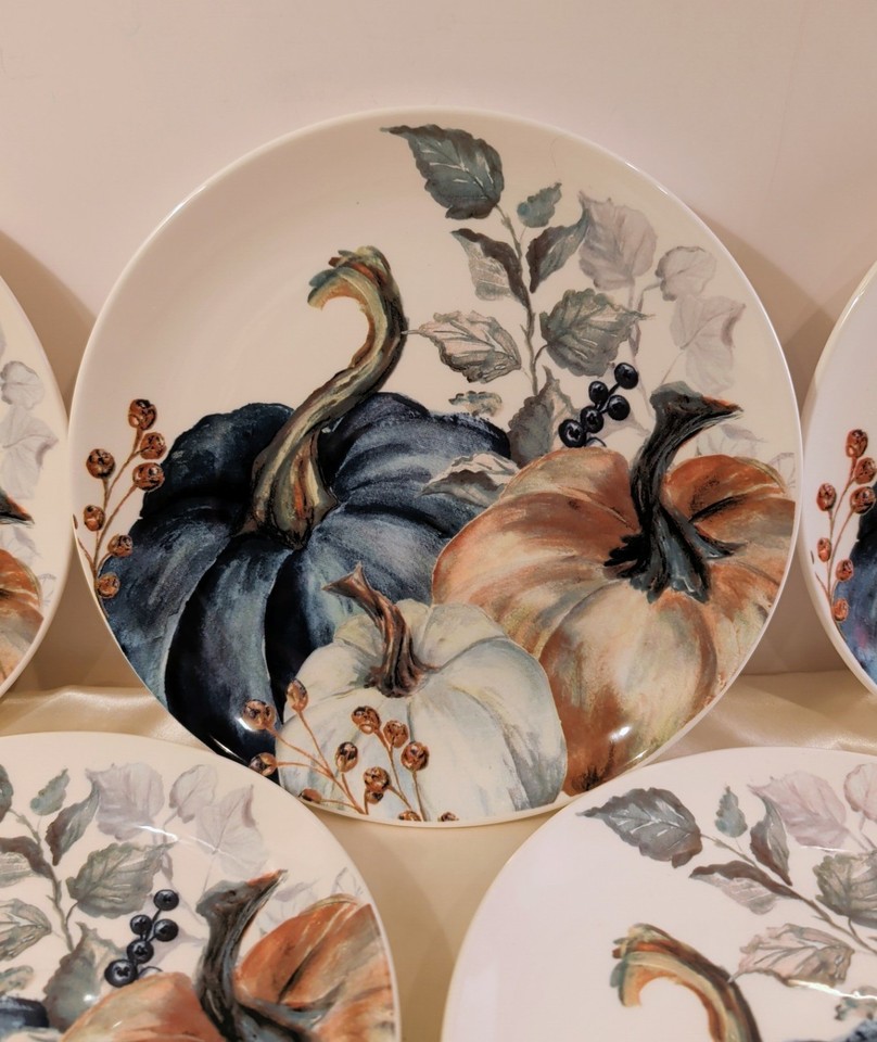 Plates 5 Pc Pumpkin Lunch / Salad Fall Hobby Lobby Blue Orange 8.5