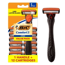BIC Comfort 3 Refillable Three-Blade Razor 12 Count (Pack of 1), Black/Orange 