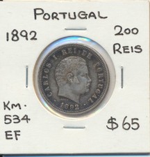 Portugal: 1892 Carlos I Silver 200 Reis KM-534 EF Nice
