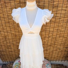 ASTR The Label Santorini White Tiered Ruffle Maxi Dress XS Cutout Plisse V-Neck