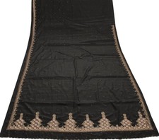 Sushila Vintage Black Saree Blend Crepe Silk Hand Beaded Floral Sari Fabric