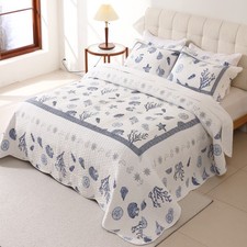Summer Beach Bedspreads Set Seashell Conch Coverlet Sets Queen Size 92x96 Cotton