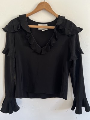 Alexis Blouse Women's Size XS Black Silk Ruffle Pullover V-Neck Top