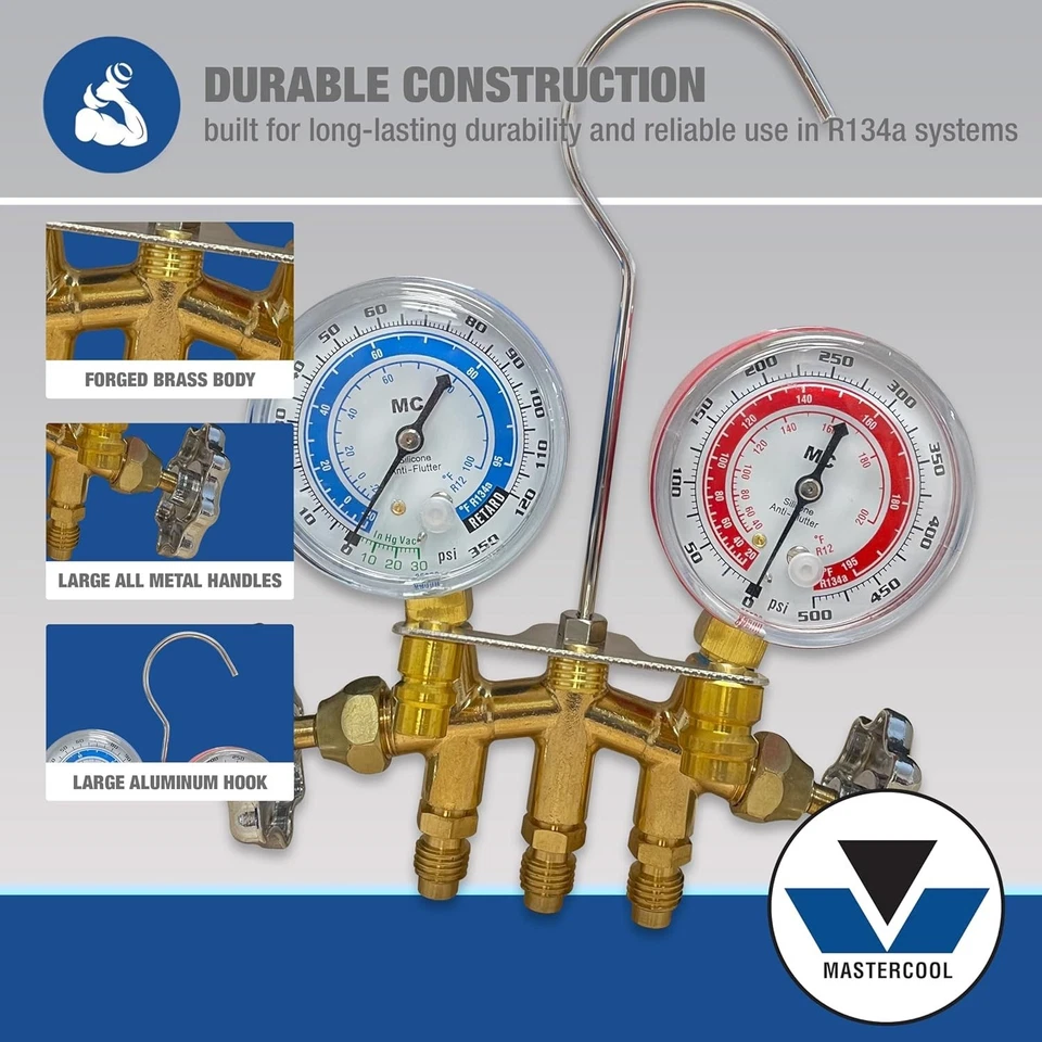 Conjunto coletor de latão Mastercool 66661 R134A, mangueiras 60" para R134a - EUA Montado - Imagem 3 de 4