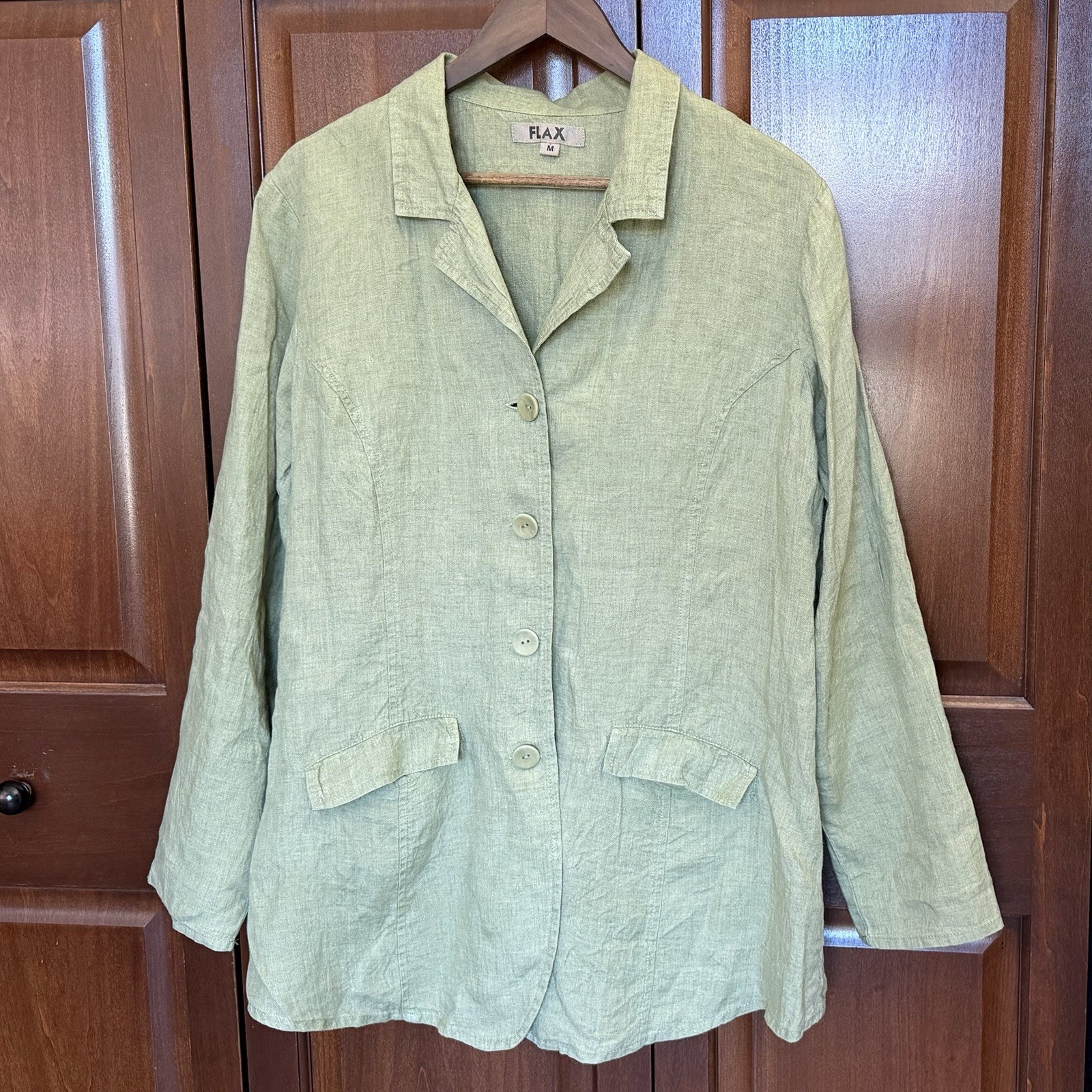 Flax Women's Blazer Jacket 100% Linen Sz M Lt Green Quiet Luxury Lightweight
