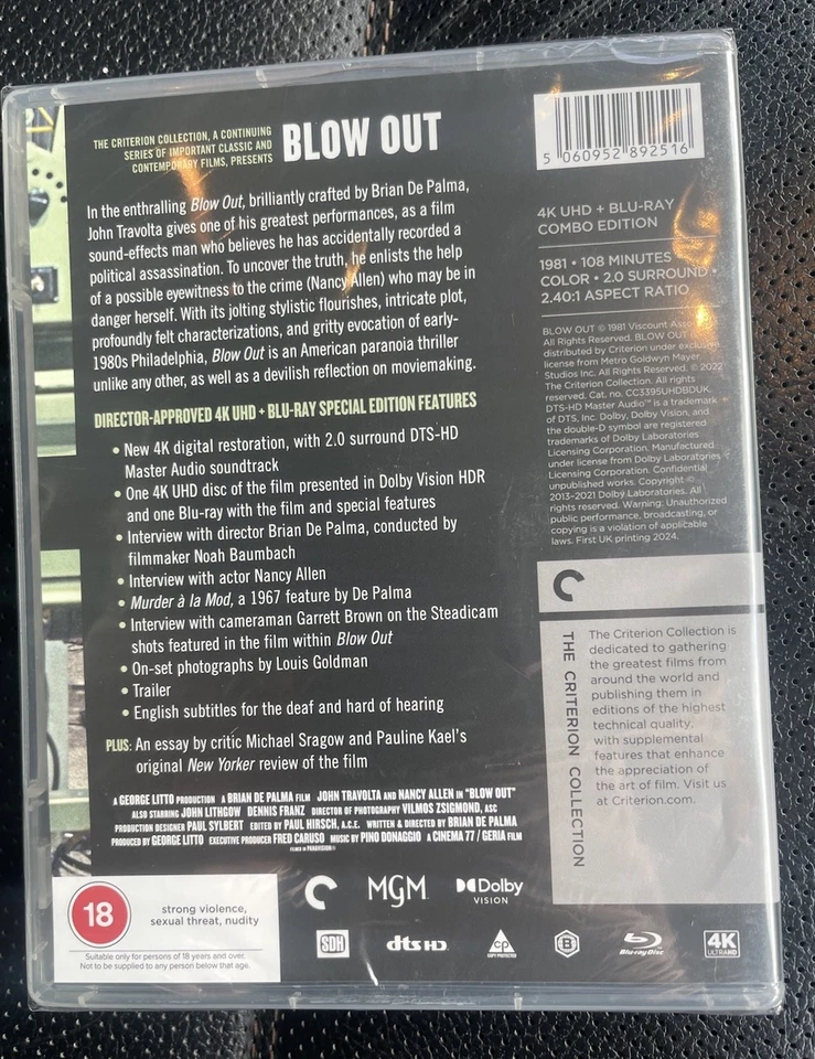 Blow Out 4K UHD & Blu-ray (John Travolta) Criterion Collection Brand New - image 2 of 2
