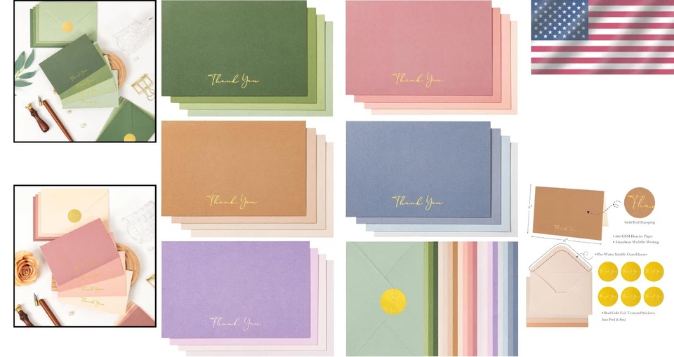 Deluxe Thank You Card Set - 100 Blank Cards with Envelopes & Gold Foil Stickers - Изображение 2 из 4