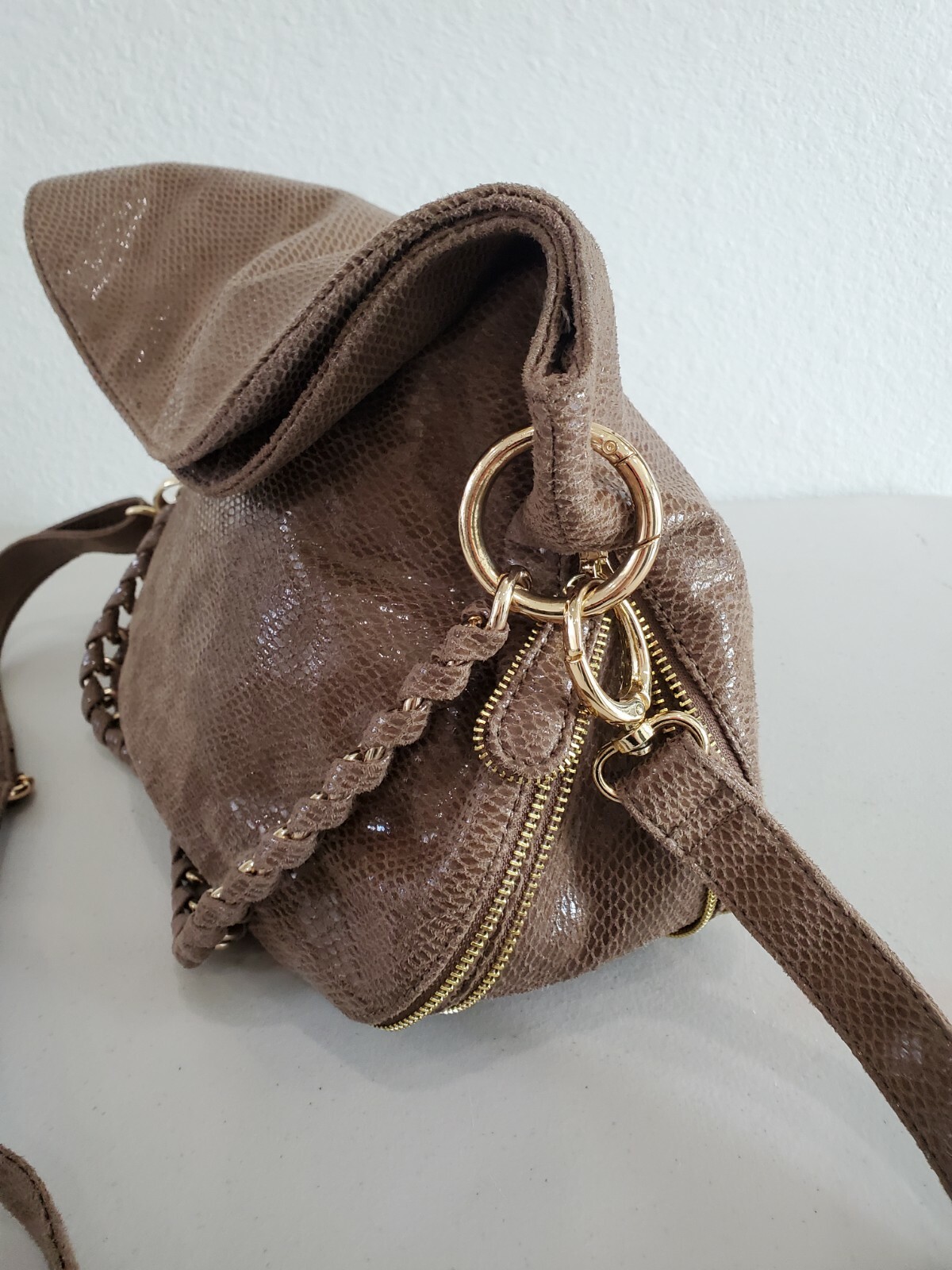 NWT Deux Lux Cocoa Snakeskin Suede Zipper Hobo Bag Shoulder Bag Purse
