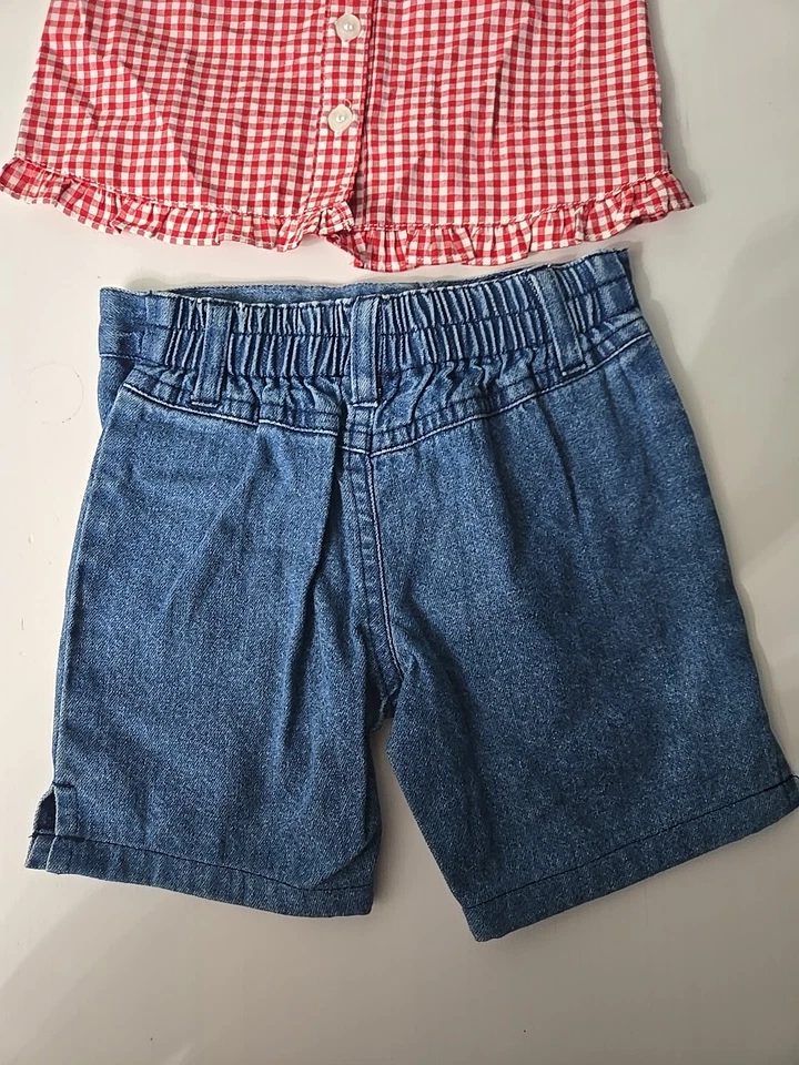 Miniwear Guinga Vintage Rojo Top Y Denim Azul Jean Pantalones Cortos Bebé Niña Talla 0-3M Foto 2 de 4
