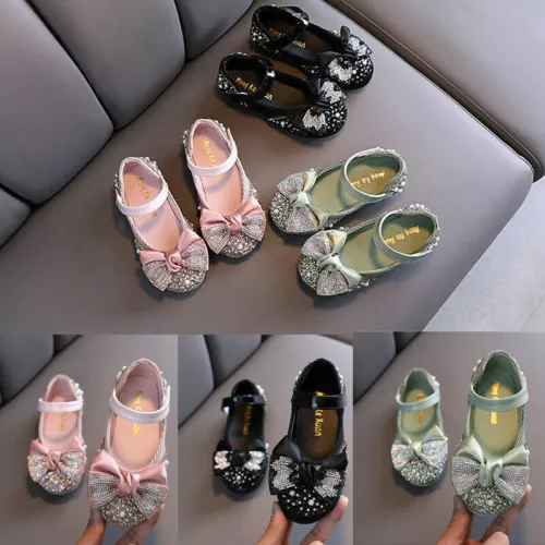 Children Leather Shoes Girls Party Dance Flats KidShoes Rhinestone Bow Princess* - Picture 1 of 18