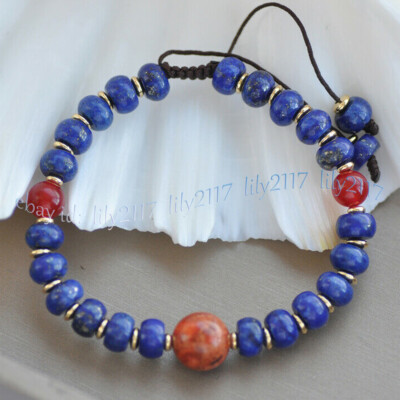 5x8mm Blue Lapis Lazuli Rondelle Beads Red Coral Gems Adjustable Bracelet 7.5''
