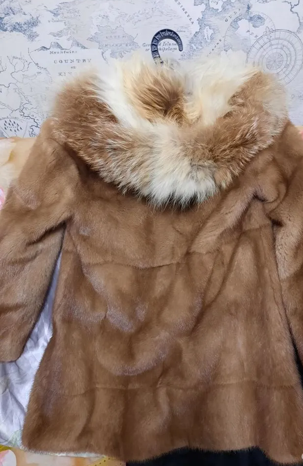 Mink fur coat Sable color Straight Mink fur jacket Hooded Midi Size S