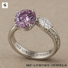 Unique 925 Silver Ring  Pink Round  White Pear CZ Engraved Designer Statement