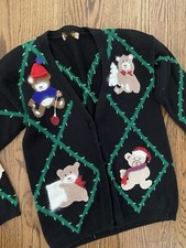 Vtg Over The Top Crazy Busy Ugly Christmas Teddy bear Cardigan Ugly Sweater M L