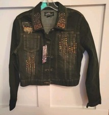 Platinum Plush Denim Short Jacket With Rhinestones & Logo New W Tags Sz Medium
