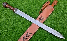 DAMASCUS STEEL SWORD DOUBLE EDGE DAGGER VIKING SWORD With Leather Sheath 2913