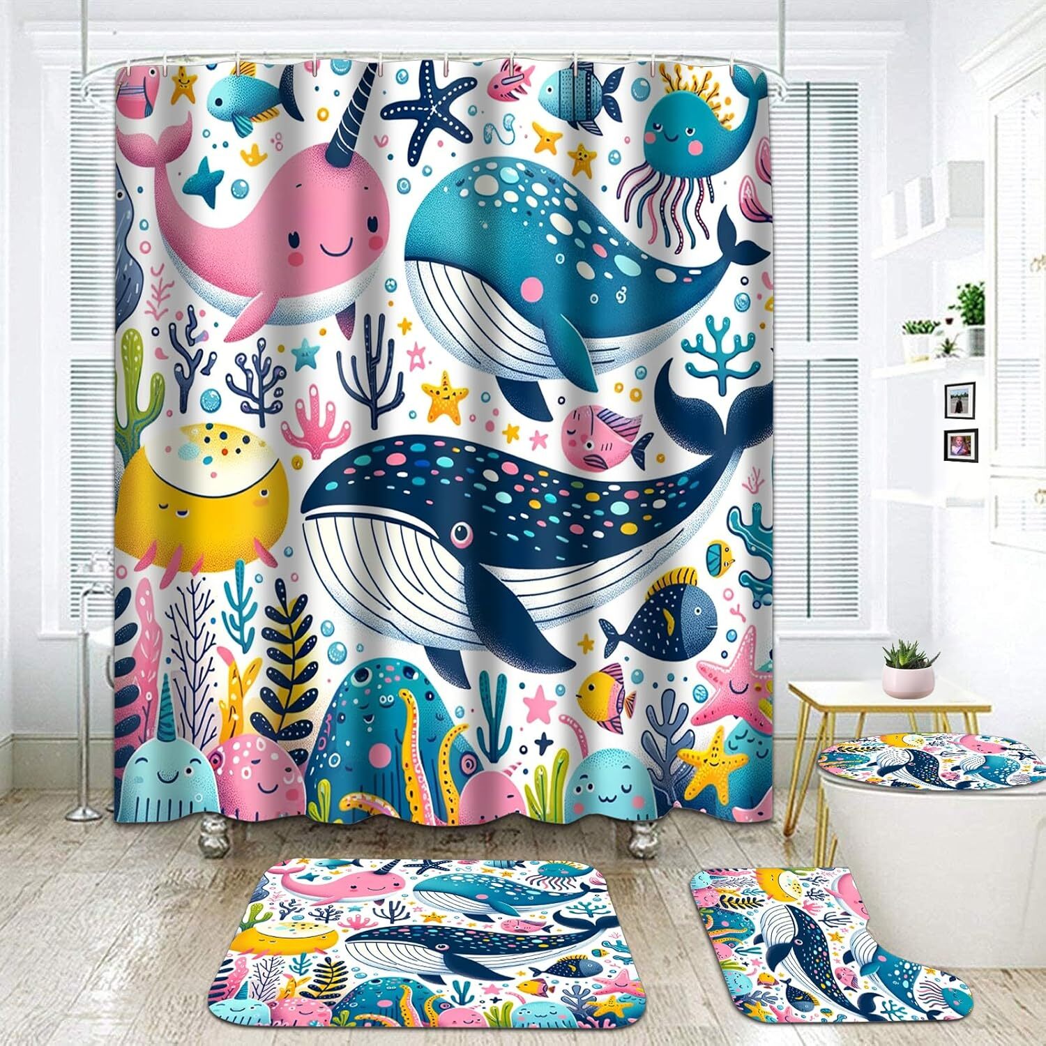 Cute Whale 4PCS Shower Ocean Bathroom Set Accessories with Non-slip 02