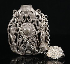 2.7''Old China Dynasty Silver Hollow out Tongzi Snuff Bottle Statue Sculpture