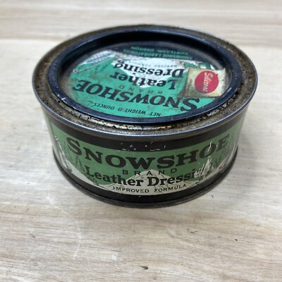 ANTIQUE SNOWSHOE LEATHER DRESSING TIN LITHO POLISH WAX CAN PORTLAND OR SNOW  SHOE | eBay