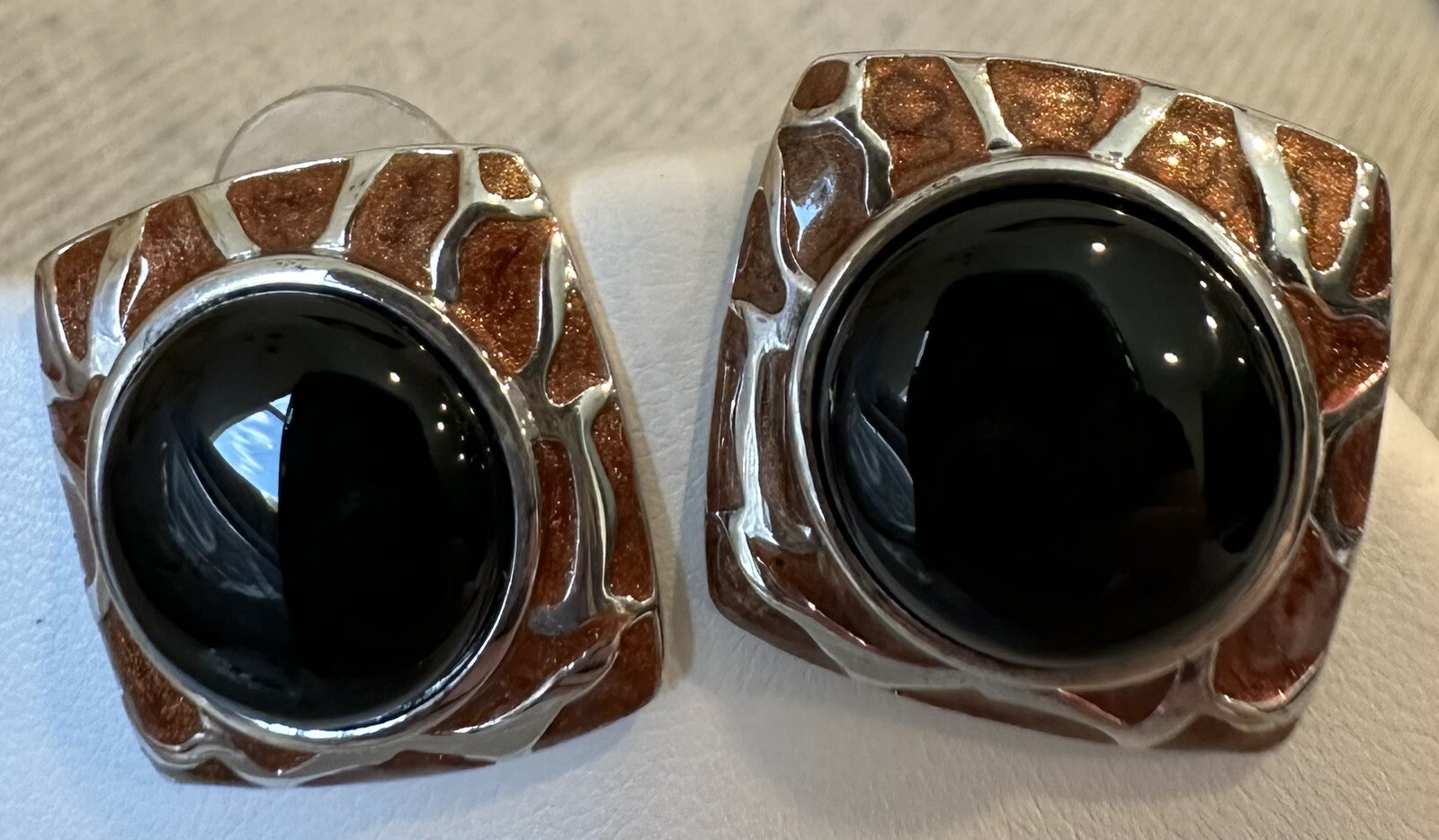 Statement Earrings Black Stone Copper Tone Enamel… - image 1