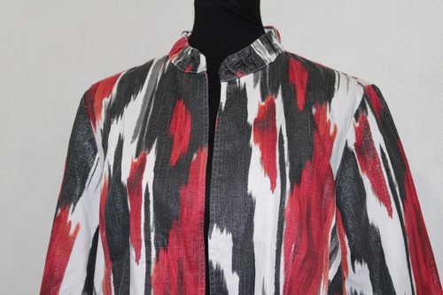 Chico's Sz 2 Red Gray Glitter Art Linen Blend Open Jacket Pockets - Picture 2 of 6