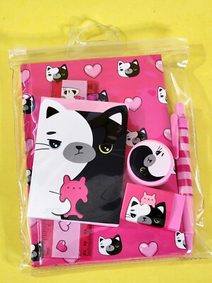 Moody Cat Pouch Stationery Set Notebooks Pen Pencil Sharpener Eraser Ruler