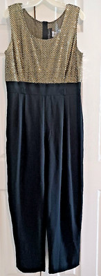 John Roberts Party/Cocktail Gold Sparkle/Black Sleeveless Jumpsuit Belted Sz 14