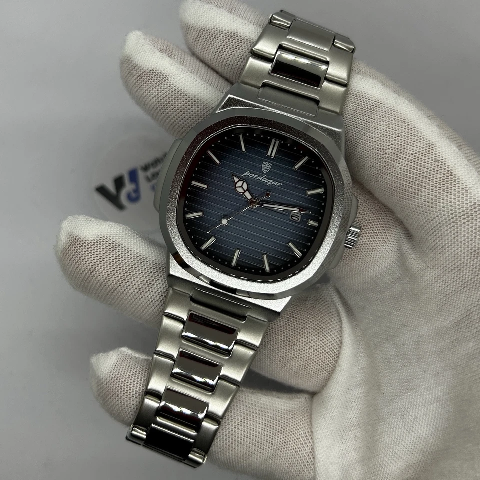 🔵 - Orologio Poedagar Quarzo Uomo Elegante Data Quadrante Quadrato Acciaio Blu - Immagine 3 di 4