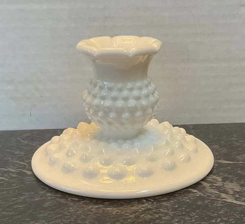 Fenton Hobnail Milk Glass Candle Holder Vintage Scalloped