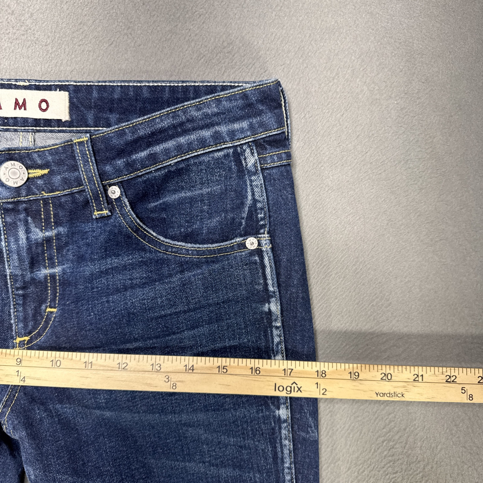 AMO Twist Jeans Womens 28x27 True Blue Distressed Faded Whiskers Dark Wash Denim