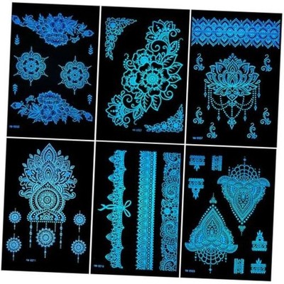 Blue Henna Tattoo Stickers Glow-in Dark Henna Temporary Decal for Luminous