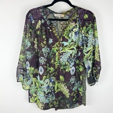 Figueroa  Flower Tunic Blouse M Purple Green Floral Lace Smocked Boho Popover