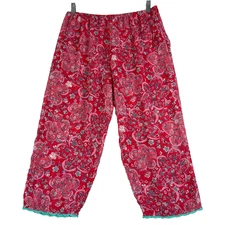 Josie Natori Women's Pajama Pants Size Large Red Flower Pattern Blue Lace Hem