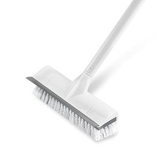 Floor Scrub Brush with Long Handle, 2 in 1 Scrape and Brush, Stiff Gray