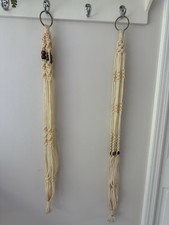 2 Vintage 1970s Macrame Plant Hangers Boho Cream Wood Thick Pair 32 36 Inches