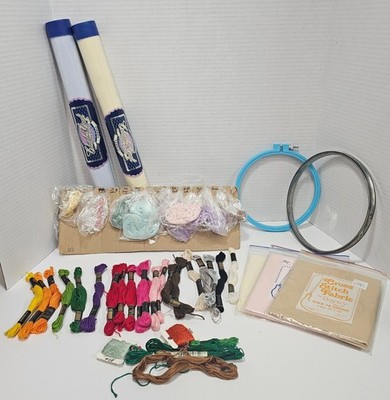 Vtg Cross Stitch Lot Fabric Loop Used And New Floss Thread Skeins 