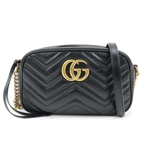GUCCI GG Marmont Shevron Leather Shoulder Bag Black 447632 Authentic Used F/S
