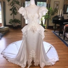 Vintage Victorian Wedding Dress With Detachable Train Sheath Satin Bridal Gown