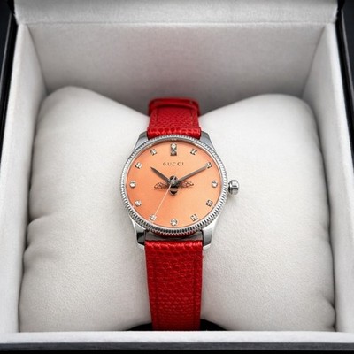Gucci G-Timeless YA1265017 Diamond Salmon Dial Red Leather Bee Watch NEW Box