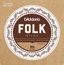 D'Addario Folk Nylon Guitar Strings, Ball End, Silver Wound/Black Nylon Trebles