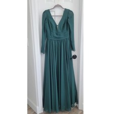 Long Sleeve V Neck Ruched Waist Maxi Dress Emerald Green Formal Evening Photos