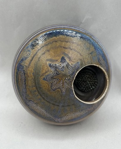Blue Tan Shimmery Etched Ikebana Flower Frog Art Pottery Vase 5" Signed